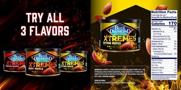 Purchase Blue Diamond Almonds XTREMES Cayenne Pepper Flavored Snack Nuts, 6 Oz Resealable Cans on Amazon.com