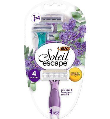 Purchase BIC Soleil Escape Women's Disposable Razors, 4 Blade Ladies Razors, Moisture Strip With 100% Natural Almond Oil, Lavender and Eucalyptus Scented Handles, 4 Pack at Amazon.com