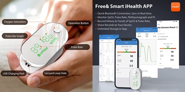 Purchase iHealth AIR Rechargeable Fingertip Pulse Oximeter, Blood Oxygen Saturation Monitor with App, SpO2, Pulse Rate, Plethysmograph, and Perfusion Index on Amazon.com