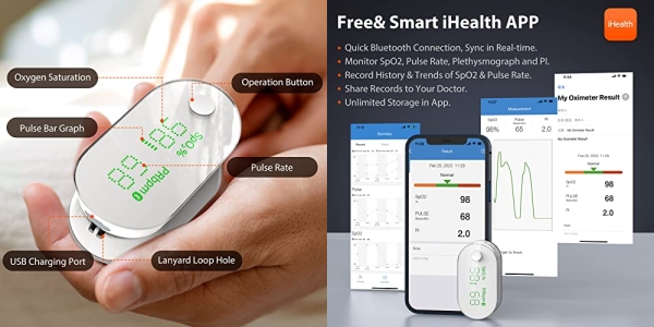Purchase iHealth AIR Rechargeable Fingertip Pulse Oximeter, Blood Oxygen Saturation Monitor with App, SpO2, Pulse Rate, Plethysmograph, and Perfusion Index on Amazon.com