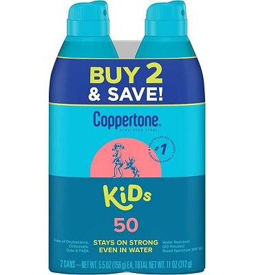 Purchase Coppertone Kids SPF 50 Sunscreen Spray, Water Resistant, 5.5 oz (2 Pack) at Amazon.com