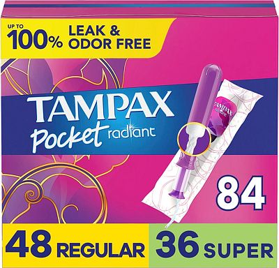 Purchase Tampax Pocket Radiant Compact Tampons Duo Pack, Regular/Super Absorbency with BPA-Free Plastic Applicator and LeakGuard Braid, Unscented, 28 Count x 3 Packs (84 count total) at Amazon.com