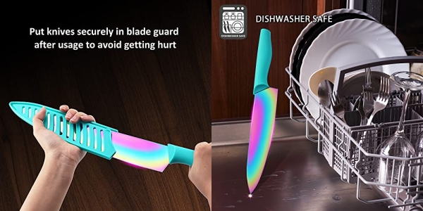 Purchase Kitchen Knife Set DISHWASHER SAFE KYA37 12-Piece Knife Set, Marco Almond Rainbow Titanium Stainless Steel Kitchen Knives Set with Sheath, 6 Knives with 6 Blade Guards, Teal on Amazon.com
