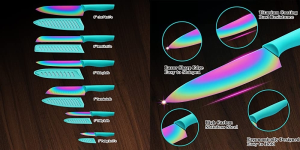 Purchase Kitchen Knife Set DISHWASHER SAFE KYA37 12-Piece Knife Set, Marco Almond Rainbow Titanium Stainless Steel Kitchen Knives Set with Sheath, 6 Knives with 6 Blade Guards, Teal on Amazon.com