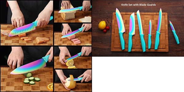 Purchase Kitchen Knife Set DISHWASHER SAFE KYA37 12-Piece Knife Set, Marco Almond Rainbow Titanium Stainless Steel Kitchen Knives Set with Sheath, 6 Knives with 6 Blade Guards, Teal on Amazon.com