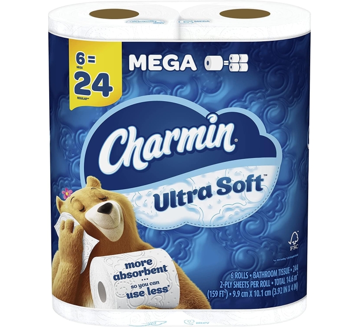 Purchase Charmin Ultra Soft Toilet Paper, 6 Mega Rolls = 24 Regular Rolls at Amazon.com