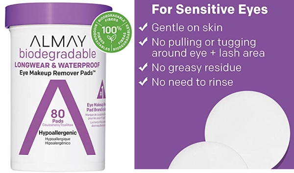 Purchase Eye Makeup Remover Pads by Almay, Biodegradable Longwear & Waterproof, Hypoallergenic, Cruelty Free-Fragrance Free Cleansing Wipes, 80 Pads on Amazon.com