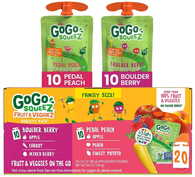 Purchase GoGo squeeZ Fruit & veggieZ Variety Pack, Pedal Peach and Boulder Berry, 3.2 oz (Pack of 20), Unsweetened Snacks for Kids, Gluten Free, Nut Free, Dairy Free, Recloseable Cap, BPA Free Pouches at Amazon.com