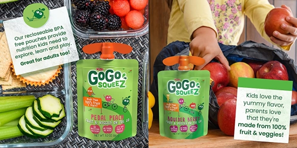 Purchase GoGo squeeZ Fruit & veggieZ Variety Pack, Pedal Peach and Boulder Berry, 3.2 oz (Pack of 20), Unsweetened Snacks for Kids, Gluten Free, Nut Free, Dairy Free, Recloseable Cap, BPA Free Pouches on Amazon.com