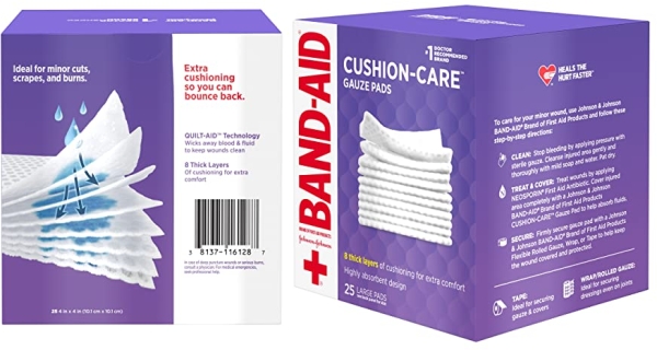 Purchase Band-Aid Brand Absorbent Cushion Care Sterile Square Gauze Pads for First Aid Protection of Minor Cuts, Scrapes & Burns, Non-Adhesive, Wound Care Dressing Pads, Large, 4 in x 4 in, 25 ct on Amazon.com