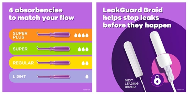 Purchase Tampax Pocket Radiant Compact Tampons Duo Pack, Regular/Super Absorbency with BPA-Free Plastic Applicator and LeakGuard Braid, Unscented, 28 Count x 3 Packs (84 count total) on Amazon.com