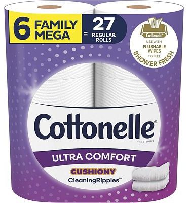 Purchase Cottonelle Ultra Comfort Toilet Paper with Cushiony CleaningRipples Texture, Strong Bath Tissue, 6 Family Mega Rolls (6 Family Mega Rolls = 27 Regular Rolls), 325 Sheets per Roll White at Amazon.com
