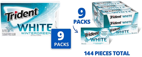 Purchase Trident White Wintergreen Sugar Free Gum, 9 Packs of 16 Pieces (144 Total Pieces) on Amazon.com