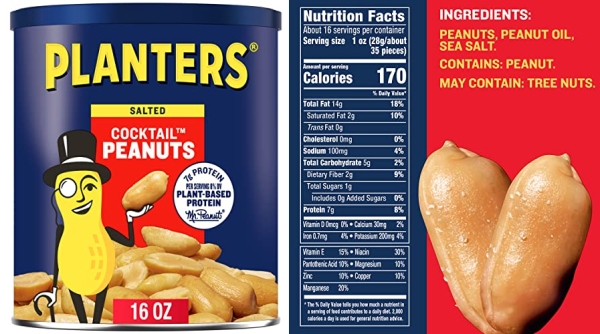 Purchase PLANTERS Salted Cocktail Peanuts, Party Snacks, Plant Based Protein 16oz (1 Canister) on Amazon.com