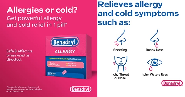 Purchase Benadryl Ultratabs Antihistamine Allergy Relief Tablets, Diphenhydramine HCl 25mg, 100 ct on Amazon.com