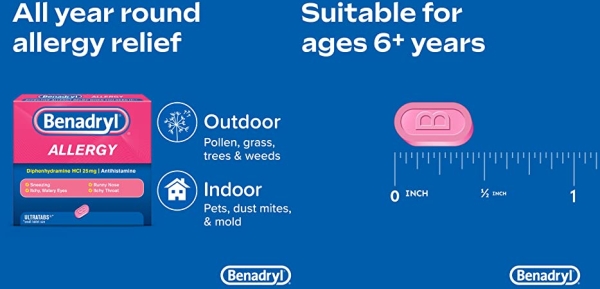 Purchase Benadryl Ultratabs Antihistamine Allergy Relief Tablets, Diphenhydramine HCl 25mg, 100 ct on Amazon.com