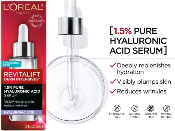Purchase L'Oreal Paris 1.5% Pure Hyaluronic Acid Serum for Face, 1 Oz on Amazon.com