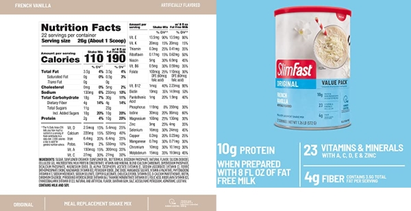 Purchase SlimFast Meal Replacement Powder, Original French Vanilla, Weight Loss Shake Mix, 10g of Protein, 22 Servings on Amazon.com