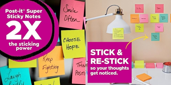 Purchase Post-it Super Sticky Notes, 3x3 in, 3 Pads, 2x the Sticking Power, Bright Colors (Orange, Pink, Green), Recyclable on Amazon.com