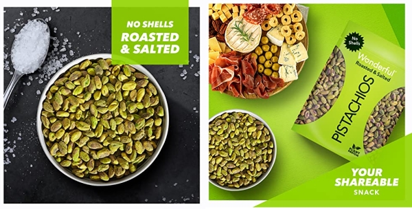 Purchase Wonderful Pistachios, No Shells, Roasted & Salted Nuts, 24oz Resealable Bag on Amazon.com