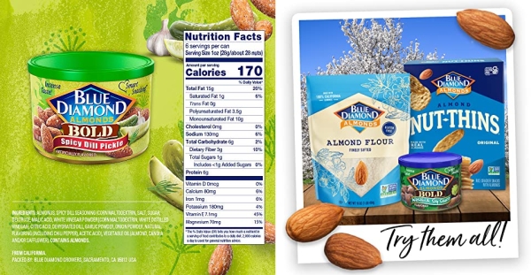 Purchase Blue Diamond Almonds Spicy Dill Pickle Flavored Snack Nuts, 6 Oz Resealable Can on Amazon.com