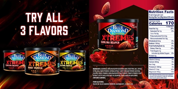 Purchase Blue Diamond Almonds XTREMES Carolina Reaper Flavored Snack Nuts, 6 Oz Resealable Cans on Amazon.com