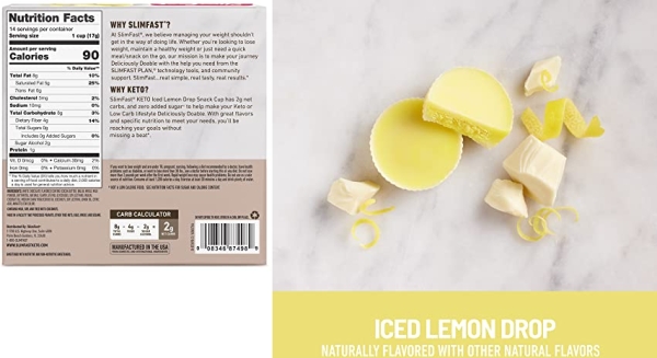 Purchase SlimFast Low Carb Snacks, Keto Friendly for Weight Loss with 0g Added Sugar & 4g Fiber, Iced Lemon Drop Cup, 14 Count Box on Amazon.com