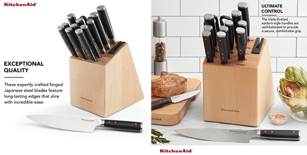 Purchase KitchenAid Gourmet 14 Piece Forged Triple Rivet Knife Block Set, Birchwood on Amazon.com