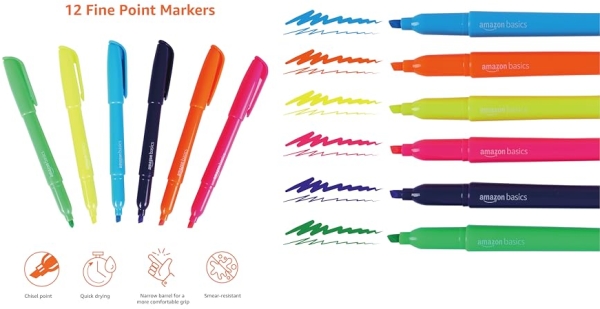 Purchase Amazon Basics Chisel Tip, Fluorescent Ink Highlighters, Assorted Colors - Pack of 12 on Amazon.com