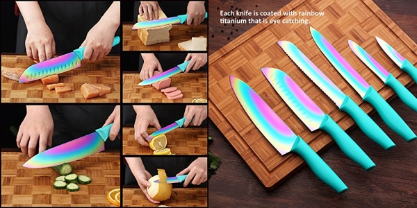 Purchase Kitchen Knife Set DISHWASHER SAFE KYA37 12-Piece Knife Set, Marco Almond Rainbow Titanium Stainless Steel Kitchen Knives Set with Sheath, 6 Knives with 6 Blade Guards, Teal on Amazon.com