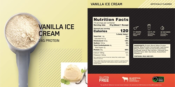 Purchase Optimum Nutrition Gold Standard 100% Whey Protein Powder, Vanilla Ice Cream, 5 Pound on Amazon.com