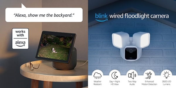 Purchase Blink Wired Floodlight Camera - Smart security camera, 2600 lumens, HD live view, enhanced motion detection, built-in siren, Works with Alexa - 1 camera (White) on Amazon.com