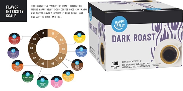 Purchase Amazon Brand - 100 Ct. Happy Belly Dark Roast Coffee Pods, Compatible with Keurig 2.0 K-Cup Brewers on Amazon.com
