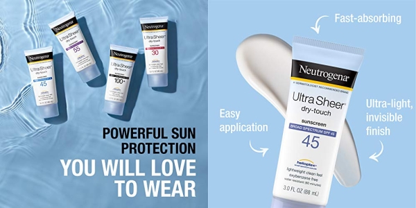 Purchase Neutrogena Ultra Sheer Dry-Touch Water Resistant and Non-Greasy Sunscreen Lotion with Broad Spectrum SPF 45, 3 fl. oz, Pack of 2 on Amazon.com