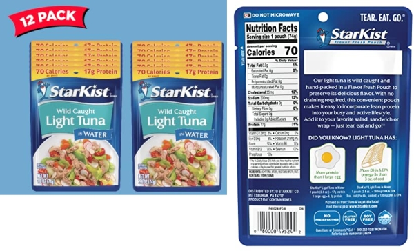 Purchase StarKist Chunk Light Tuna in Water - 2.6 Ounce Pouches (Pack of 12) on Amazon.com