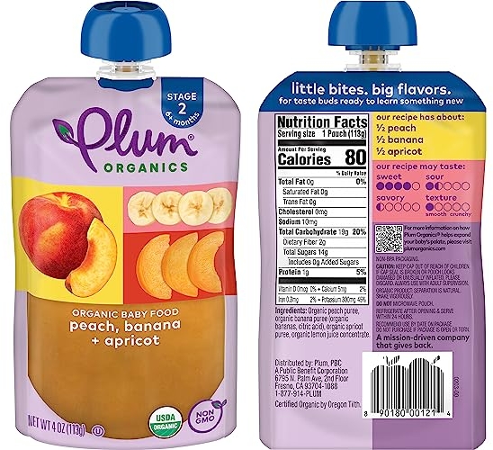Purchase Plum Organics Stage 2, Organic Baby Food, Peach, Banana and Apricot, 4 ounce pouches (Pack of 12) on Amazon.com