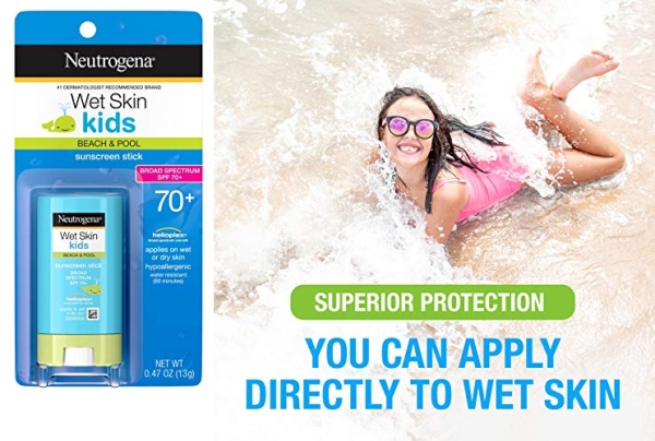 Purchase Neutrogena Wet Skin Kids Water Resistant Sunscreen Stick for Face and Body, Broad Spectrum SPF 70, 0.47 oz on Amazon.com