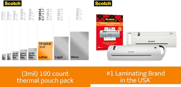 Purchase Scotch Thermal Laminating Pouches, 8.9 x 11.4 -Inches, 3 mil thick, 100-Pack on Amazon.com