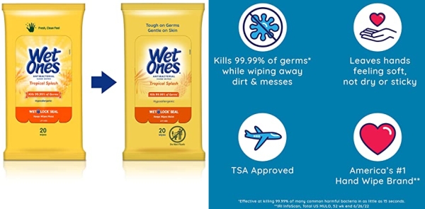 Purchase Wet Ones Antibacterial Hand Wipes, Tropical Splash Scent, 20 Count (Pack of 10) on Amazon.com