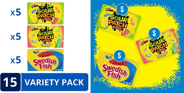Purchase SOUR PATCH KIDS Original Candy, SOUR PATCH KIDS Watermelon Candy & SWEDISH FISH Candy Variety Pack, 15 Movie Theater Candy Boxes on Amazon.com