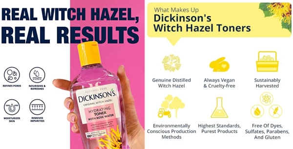 Purchase Dickinson's Enhanced Witch Hazel Hydrating Toner with Rosewater, Alcohol Free, 98% Natural Formula, 16 Fl. Oz. on Amazon.com