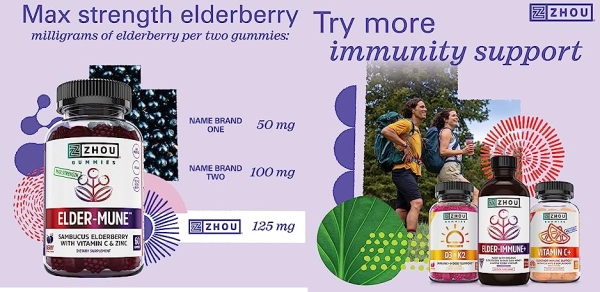 Purchase Zhou Elder-Mune Sambucus Elderberry Gummies, Antioxidant Flavonoids, Immune Support, Zinc & Vitamin C Supplement, 30 Servings, 60 Gummies on Amazon.com