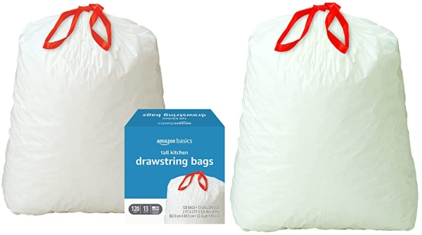 Purchase Amazon Basics Tall Kitchen Drawstring Trash Bags, 13 Gallon, 120 Count on Amazon.com
