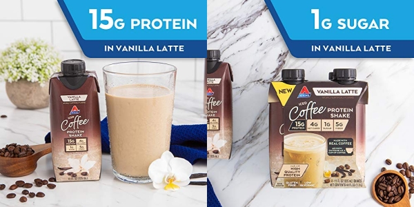 Purchase Atkins Iced Coffee Vanilla Latte Protein Shake, Keto-Friendly and Gluten Free, 11 Fl Oz, Pack of 12 on Amazon.com