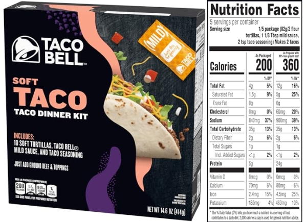 Purchase Taco Bell Soft Taco Dinner Kit with 10 Soft Tortillas, Taco Bell Mild Sauce & Seasoning, 14.6 oz Box on Amazon.com
