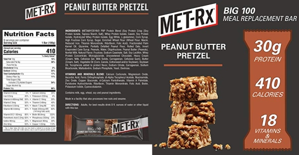 Purchase MET-Rx Big 100 Colossal Protein Bars, Great as Healthy Meal Replacement, Snack, and Help Support Energy, Peanut Butter Pretzel, With Vitamin A, Vitamin C, and Zinc, 100 g, 9 Count on Amazon.com
