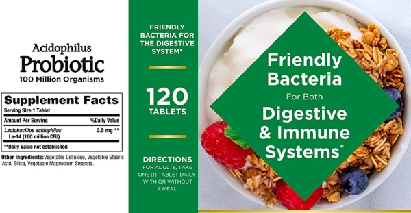Purchase Natures Bounty Acidophilus Probiotic, Daily Probiotic Supplement, Supports Digestive Health, 1 Pack, 120 Tablets on Amazon.com