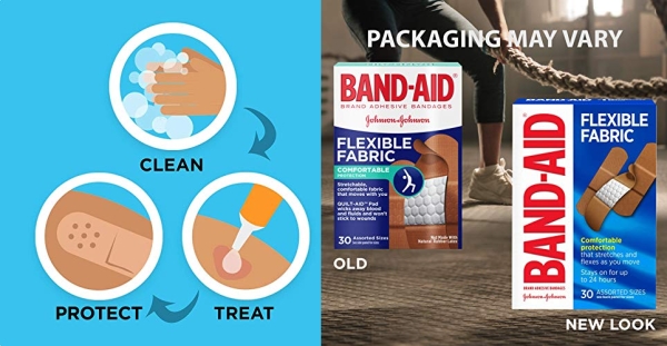 Purchase Band-Aid Brand Flexible Fabric Adhesive Bandages for Wound Care & First Aid, Assorted Sizes, 30 ct on Amazon.com