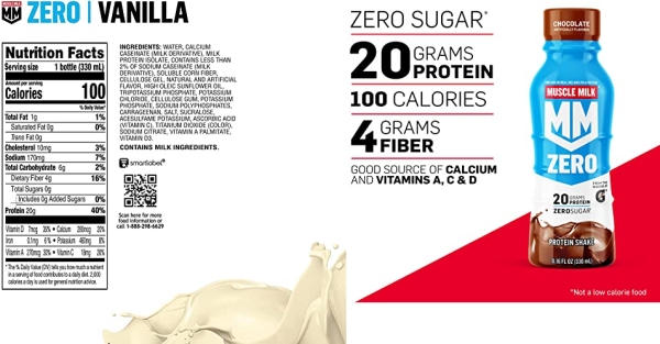 Purchase Muscle Milk Zero Protein Shake, Vanilla Crme, 20g Protein, Zero Sugar, 100 Calories, Calcium, Vitamins A, C & D, 4g Fiber, Energizing Snack, Workout Recovery, 11.16 Fl Oz (Pack of 12) on Amazon.com