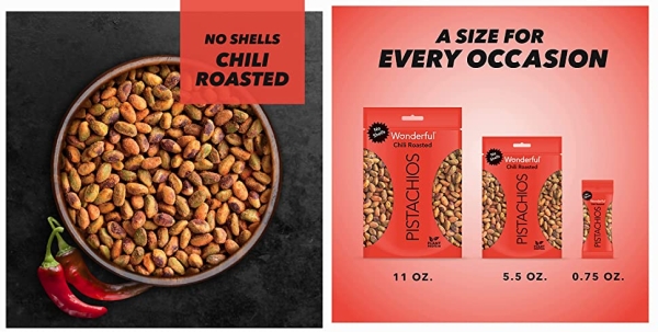 Purchase Wonderful Pistachios, No Shells, Chili Roasted Nuts, 11oz Resealable Bag on Amazon.com